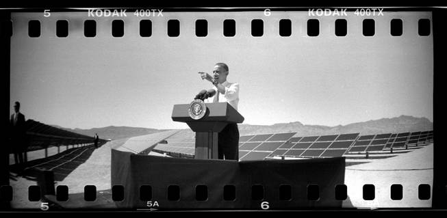 President Barack Obama speaks at the Copper Mountain Solar facility south of Boulder City.